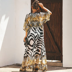 Wild Style Short Sleeve Drawstring Tie Leopard Printed Chiffon Beach Cover Up