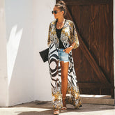 Wild Style Short Sleeve Drawstring Tie Leopard Printed Chiffon Beach Cover Up