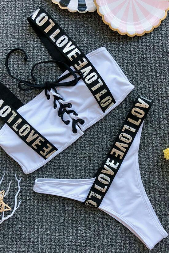 High Leg Metallic Letter Strap Lace Up Bikini - Two Piece Set