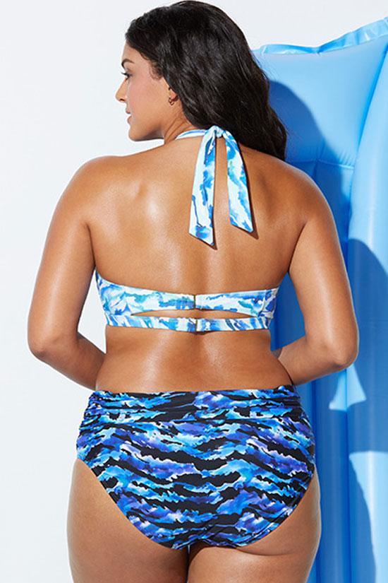 Plus Size Wave Printed Halter Bikini - Two Piece Set