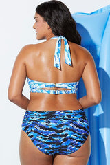 Plus Size Wave Printed Halter Bikini - Two Piece Set