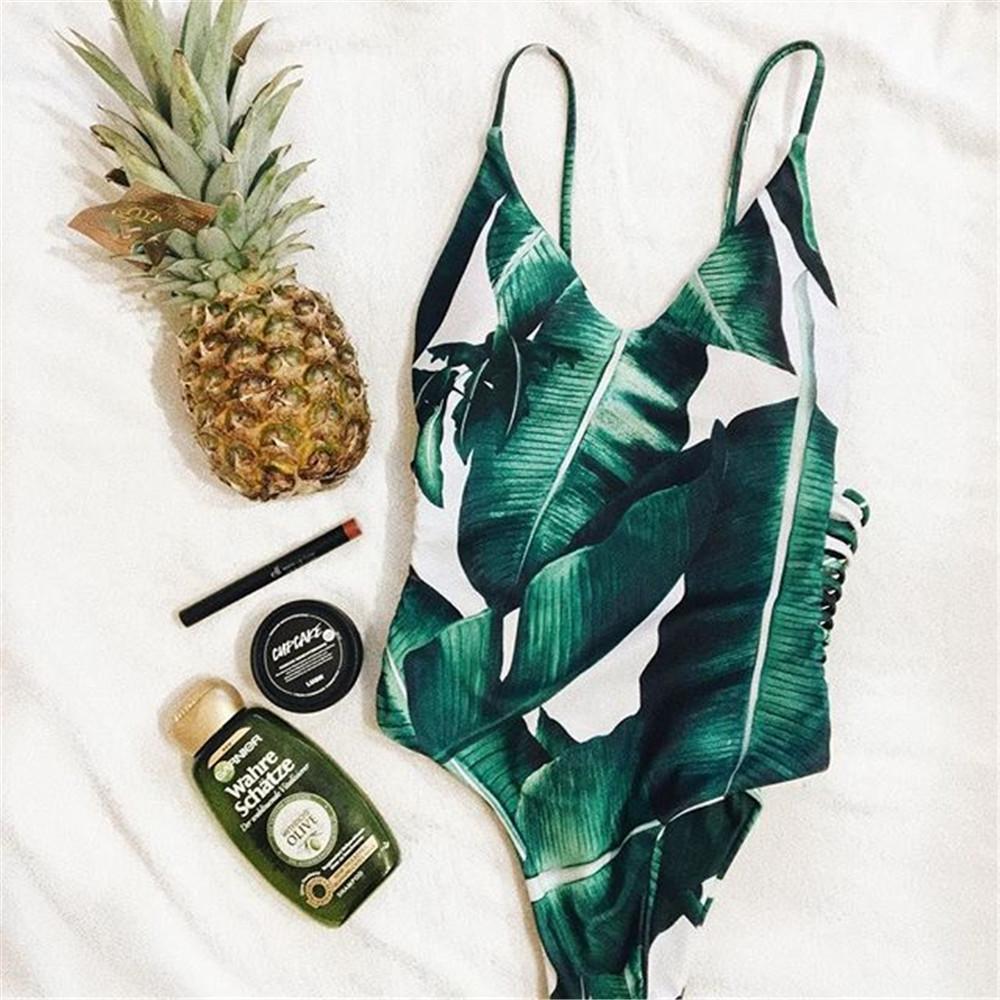 Leaf Print Hollow Out Bandage Bathing Suit