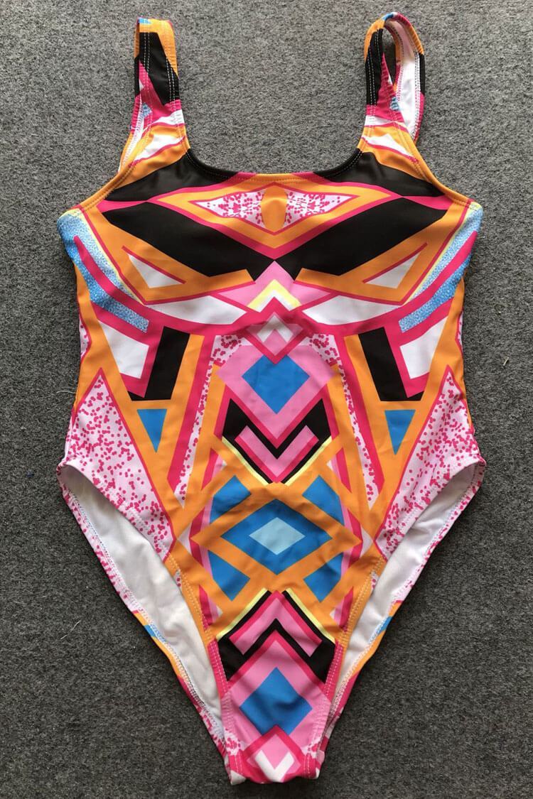 Plus Size Geometric Printed High Leg One Piece Swimsuit