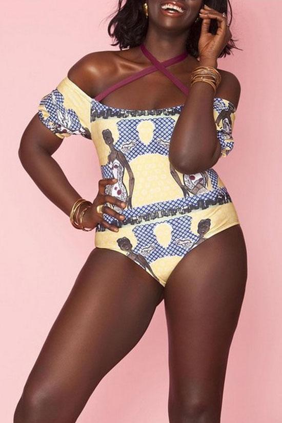 Plus Size Lady Halter Off Shoulder One Piece Swimsuit