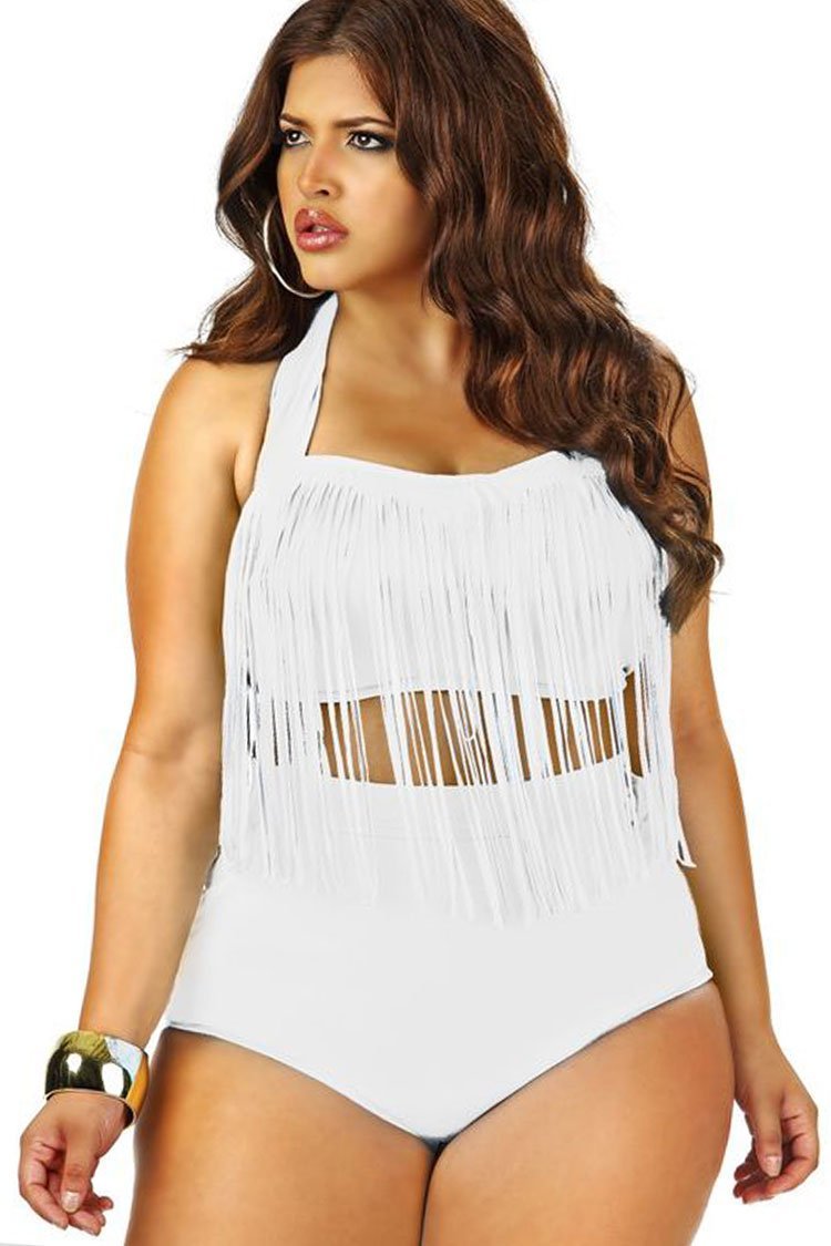 Plus Size Timeless Fringed Halter Bandeau Bikini - Two Piece Swimsuit