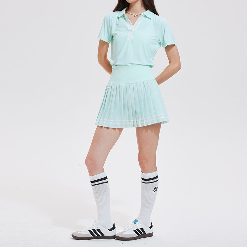 Anti-shine pleated skirt quick-drying V-neck short-sleeved golf suit
