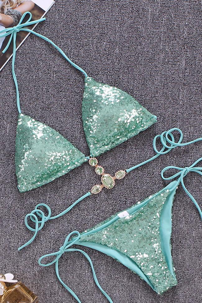 Sequin Rhinestone Slide Triangle Bikini - Two Piece Set