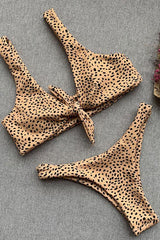 Leopard High Leg Knotted Front Textured Bikini - Two Piece Set