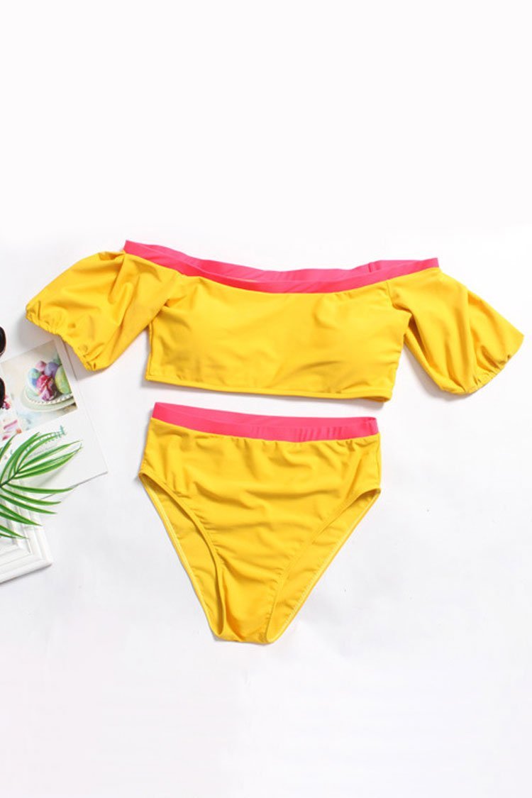 Plus Size Contrast High Waist Sleeved Off Shoulder Bikini - Two Piece Set
