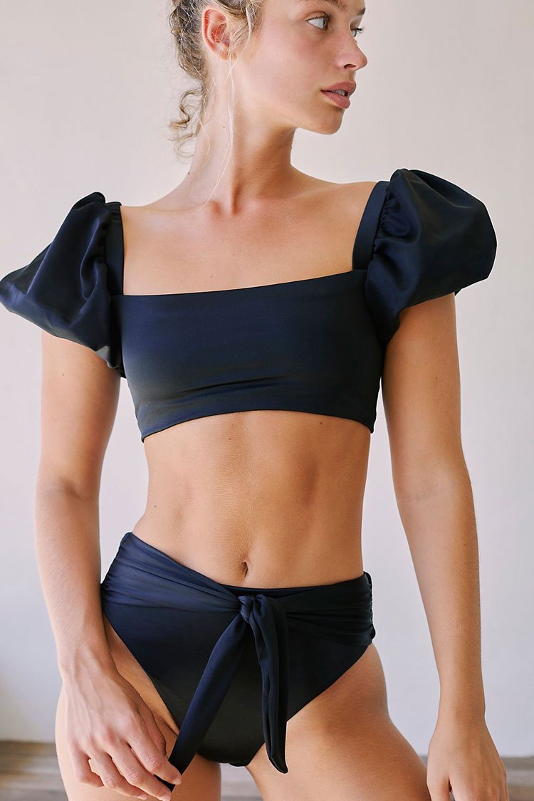 Puff Sleeve High Waist Self Tie Bikini - Two Piece Set