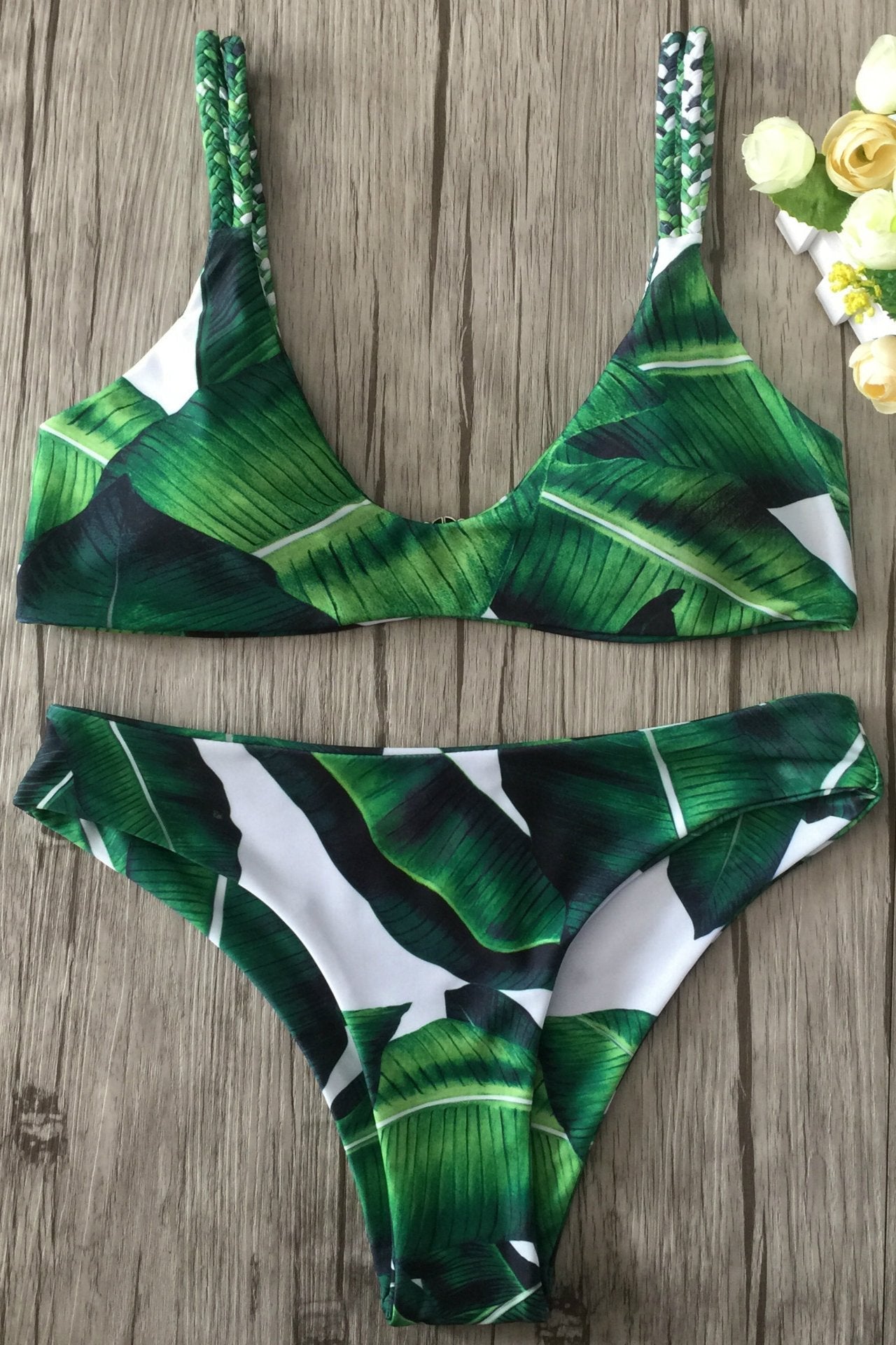 Green Tropical Leaf Print Braided Triangle Bikini Set
