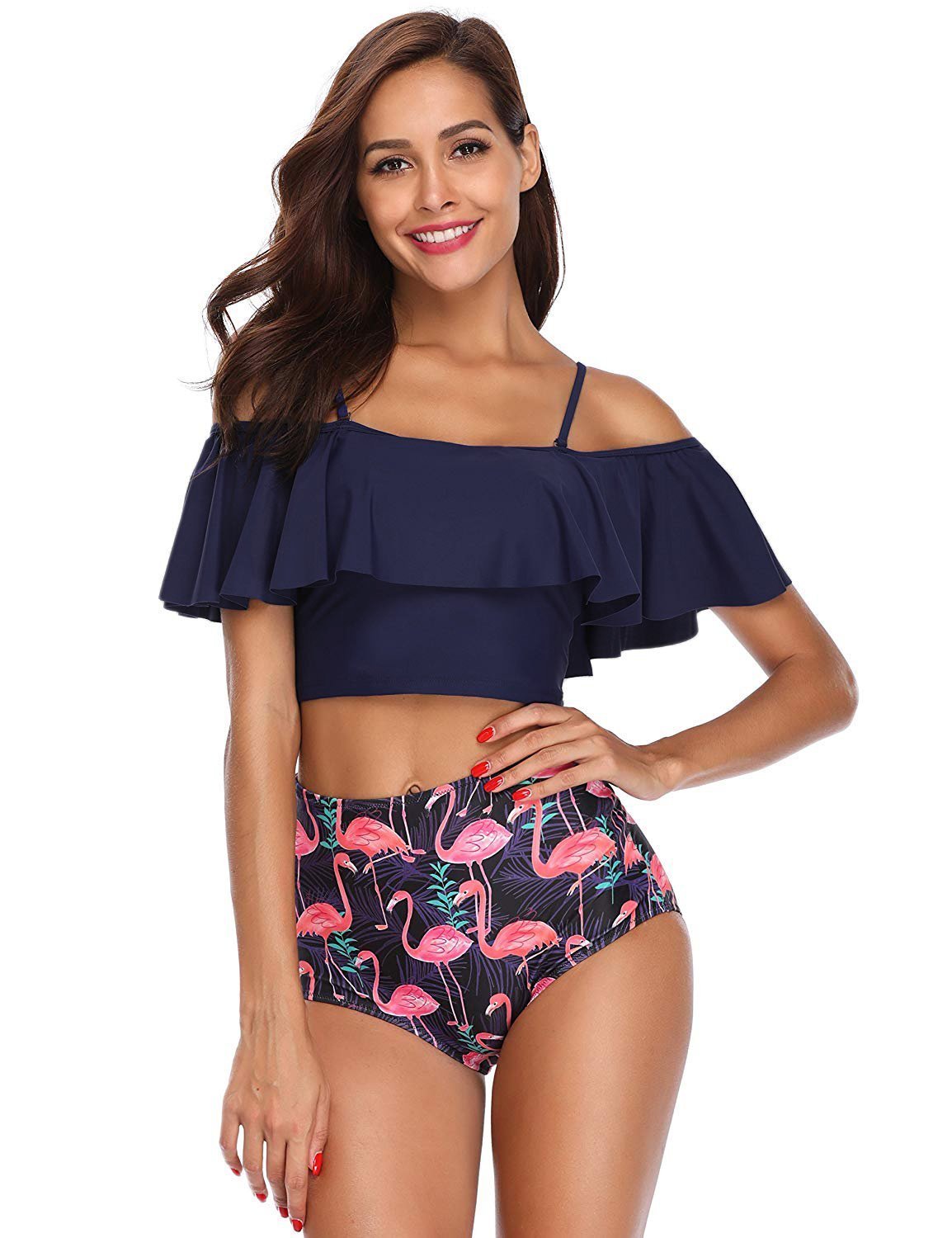 Cute Off Shoulder Ruffled High Waisted Crop Top Bikini