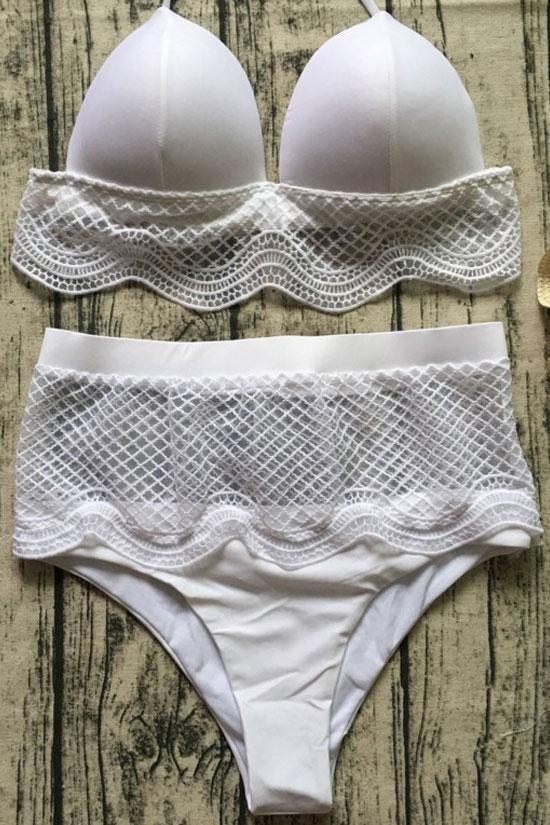 White Pretty High Waist Scalloped Lace Triangle Bikini
