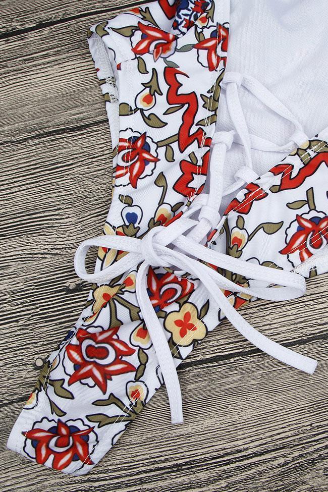 Ethnic Crisscross Strappy Low Back High Leg Deep V One Piece Swimsuit