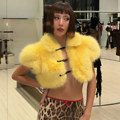 Elegant Turn Down Collar Short Sleeves Belt Buckles Fluffy Faux Fur Jackets