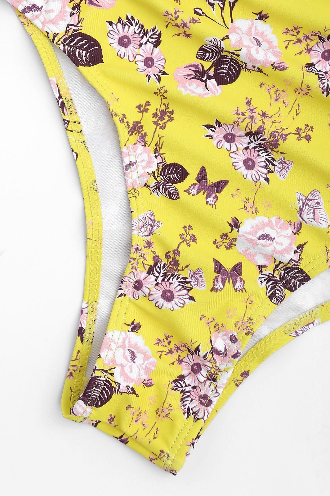 Yellow Cutout Plunging Floral Print Bandage Cheeky Monokini Swimwear