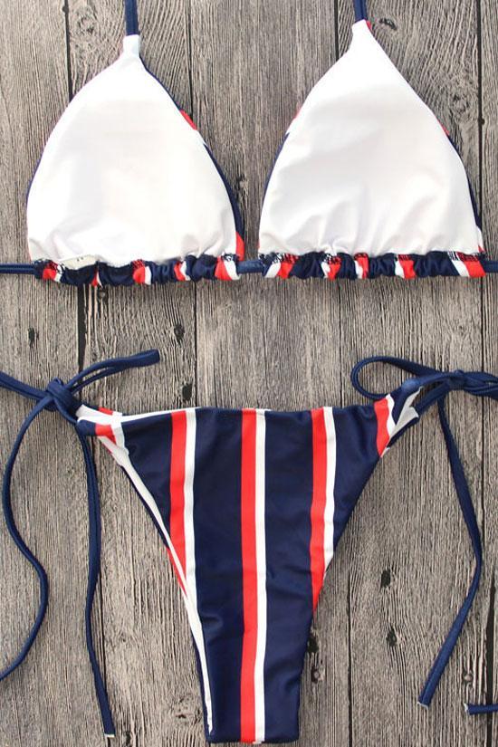 Dark Blue Striped Nautical Triangle Bikini - Two Piece Set