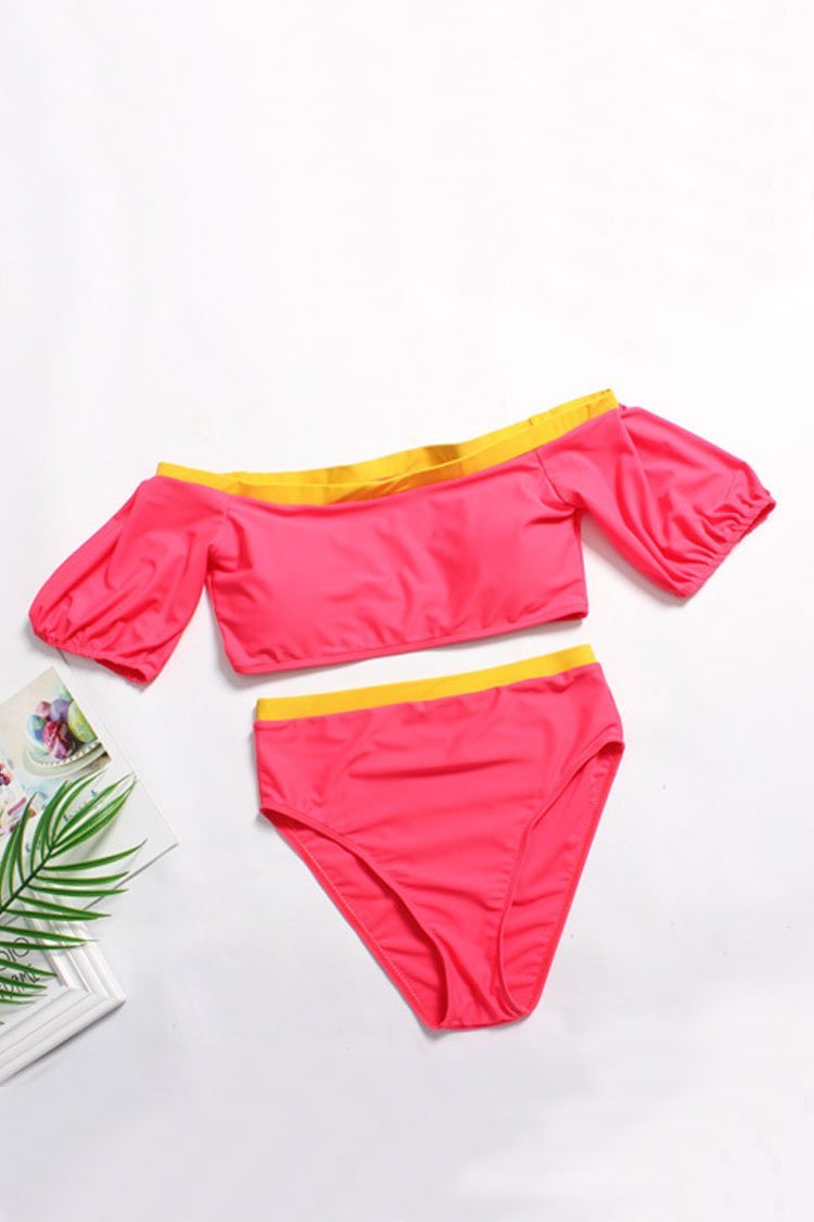 Plus Size Contrast High Waist Sleeved Off Shoulder Bikini - Two Piece Set
