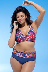 Plus Size Floral Printed High Waist Bikini - Two Piece Swimsuit