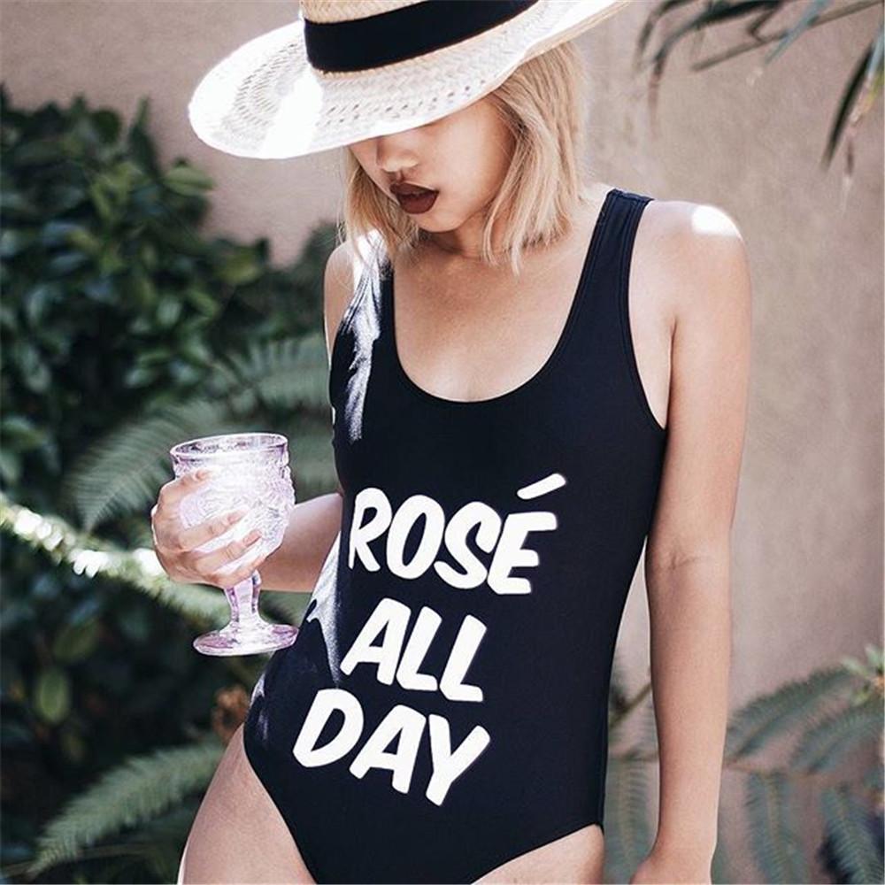 Solid Color Letter Print Backless Monokini Swimwear