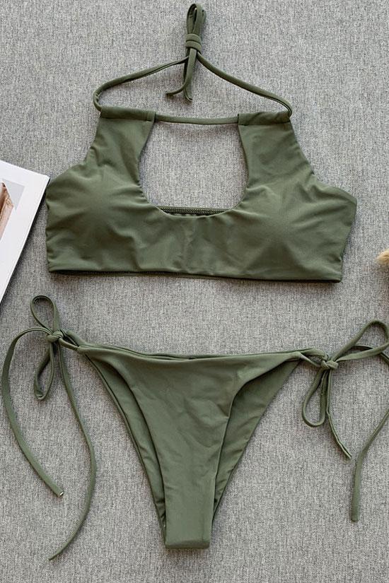 Solid Tied String Side Halter Cutout Bikini - Two Piece Set