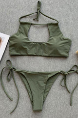 Solid Tied String Side Halter Cutout Bikini - Two Piece Set