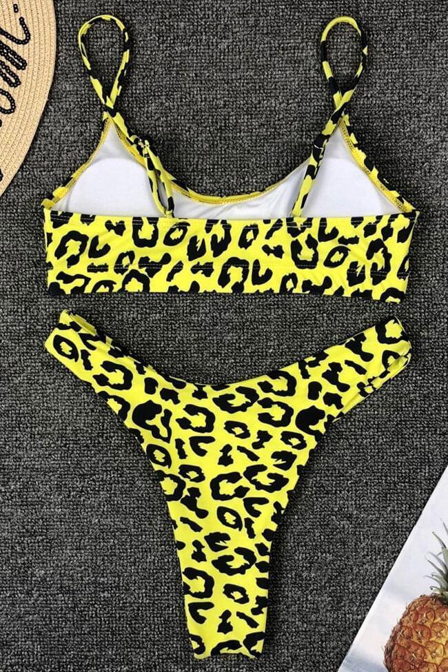Neon Leopard Bralette High Leg Thong Bikini - Two Piece Swimsuit
