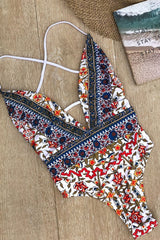 Ethnic Crisscross Strappy Low Back High Leg Deep V One Piece Swimsuit