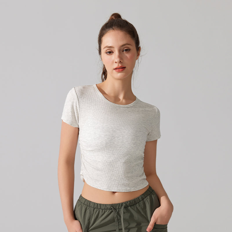 Ribbed side waist pleats slim short sleeves