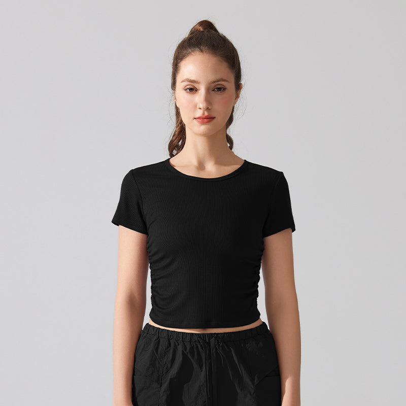 Ribbed side waist pleats slim short sleeves