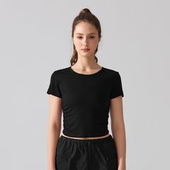 Ribbed side waist pleats slim short sleeves