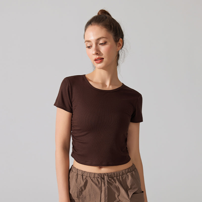 Ribbed side waist pleats slim short sleeves