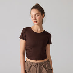 Ribbed side waist pleats slim short sleeves