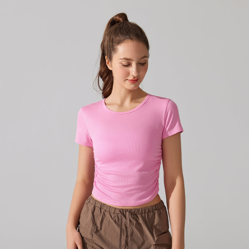 Ribbed side waist pleats slim short sleeves