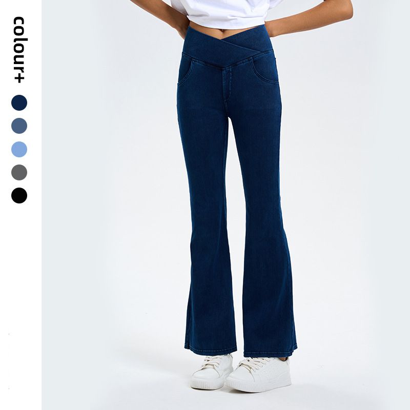 Imitation denim crossover high-waisted slimming hip-lifting bell bottoms