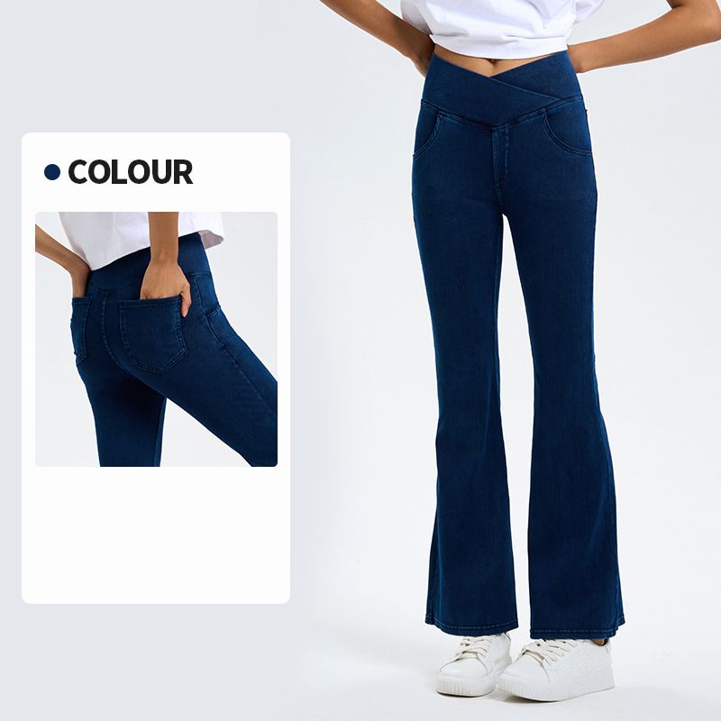 Imitation denim crossover high-waisted slimming hip-lifting bell bottoms