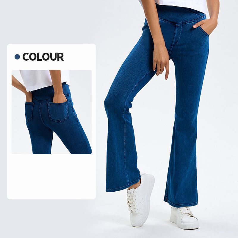 Imitation denim crossover high-waisted slimming hip-lifting bell bottoms