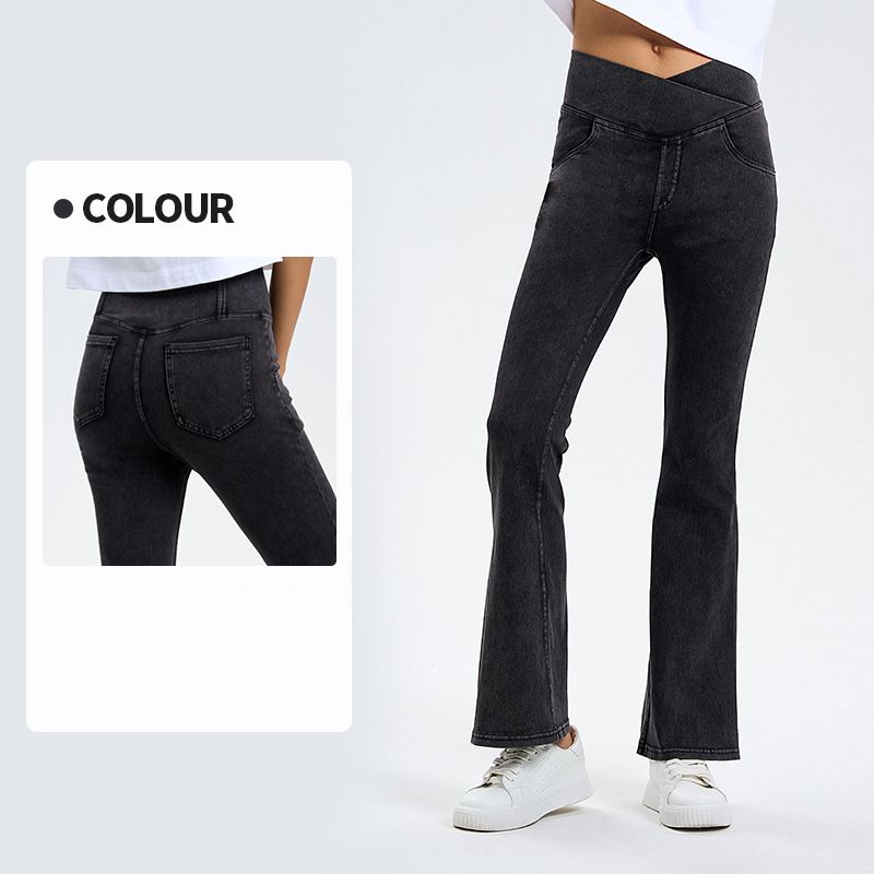 Imitation denim crossover high-waisted slimming hip-lifting bell bottoms