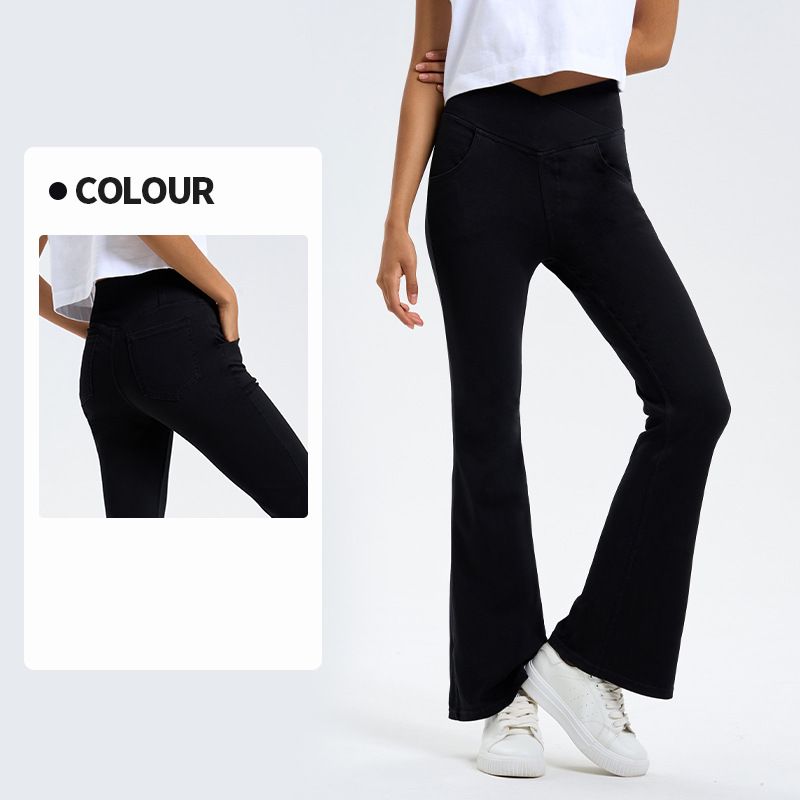 Imitation denim crossover high-waisted slimming hip-lifting bell bottoms