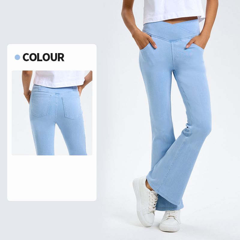Imitation denim crossover high-waisted slimming hip-lifting bell bottoms