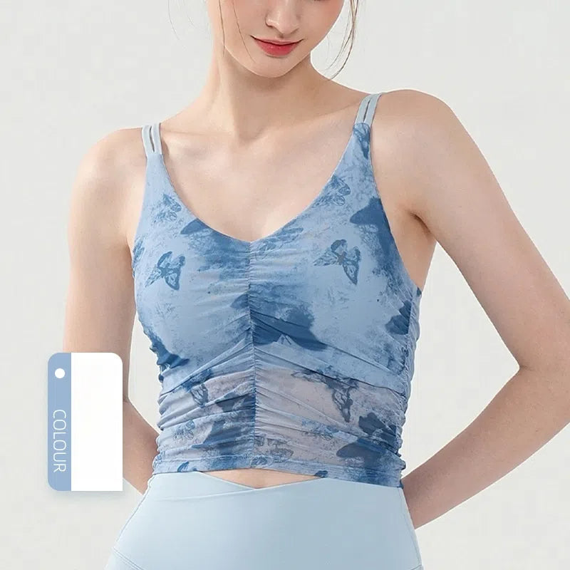 Butterfly print mesh ruffled sports bra