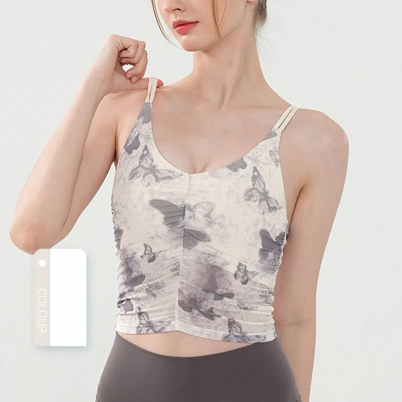 Butterfly print mesh ruffled sports bra
