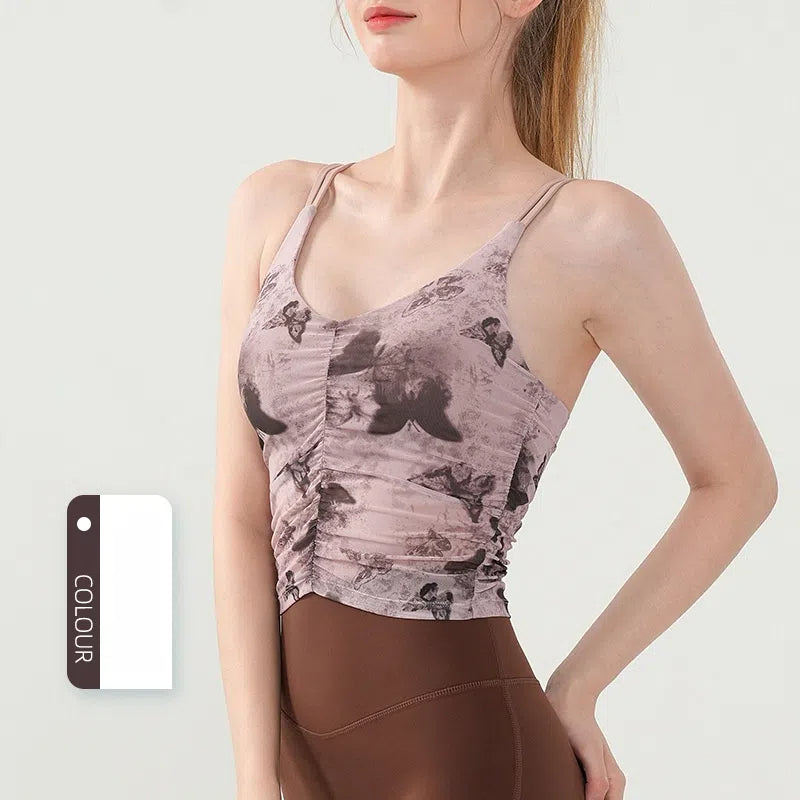 Butterfly print mesh ruffled sports bra