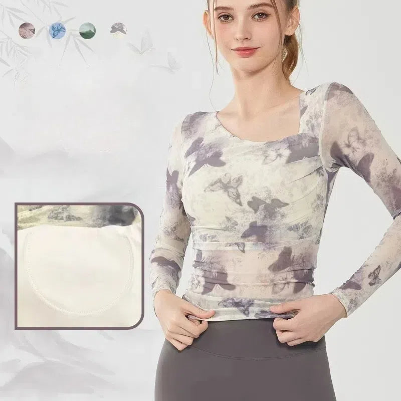 Butterfly print mesh is breathable, Quick-drying, Slim-fitting, Sporty long sleeves