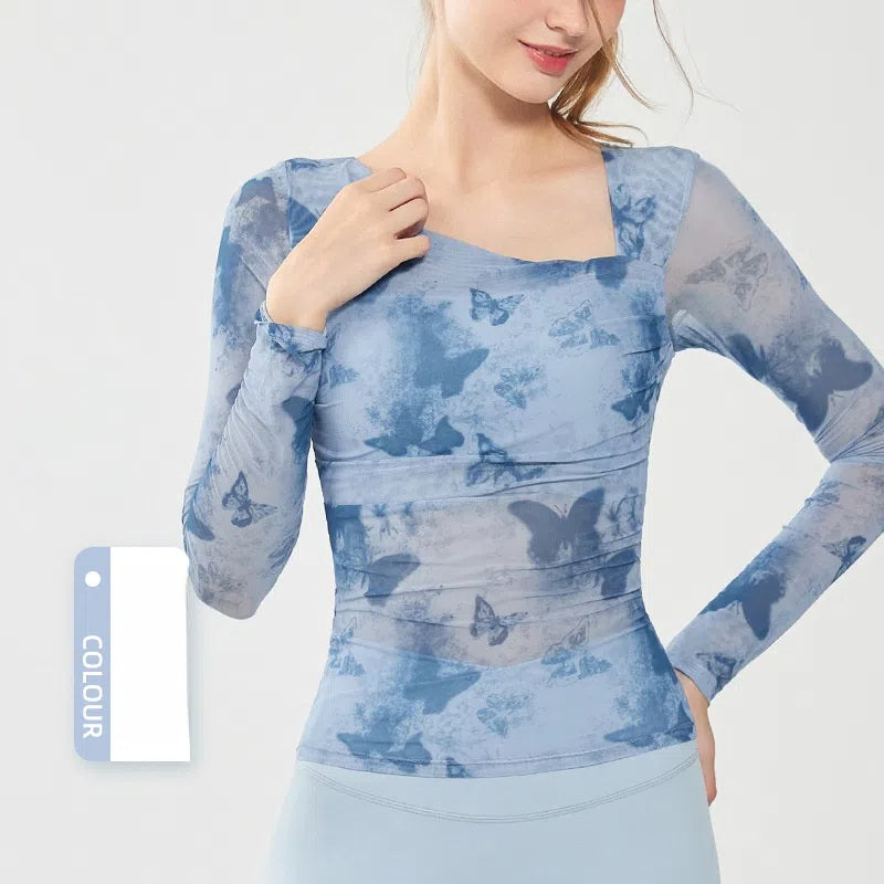 Butterfly print mesh is breathable, Quick-drying, Slim-fitting, Sporty long sleeves