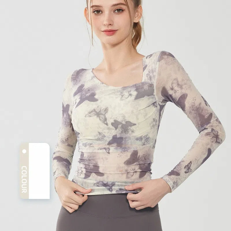Butterfly print mesh is breathable, Quick-drying, Slim-fitting, Sporty long sleeves