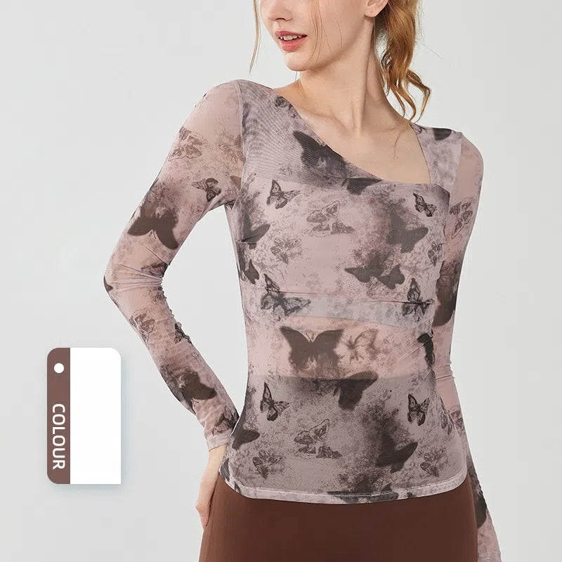 Butterfly print mesh is breathable, Quick-drying, Slim-fitting, Sporty long sleeves