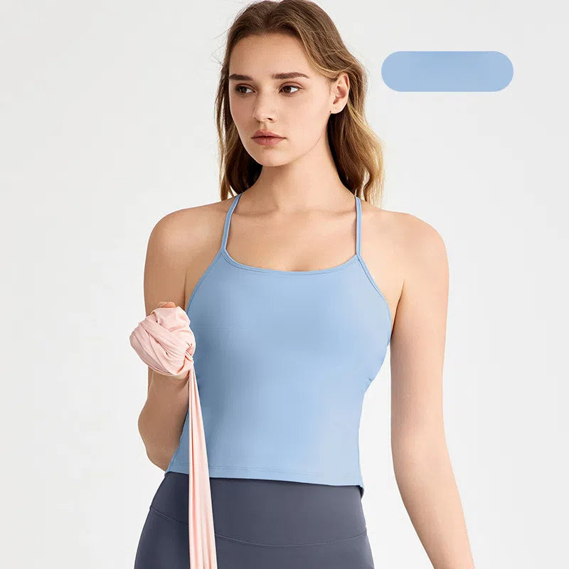 Cool spaghetti strap dovetail split suspender fixed cup breathable fitness beauty back bra