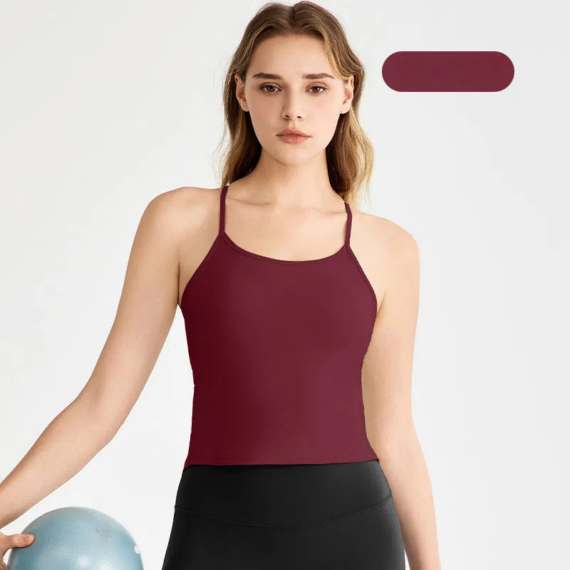Cool spaghetti strap dovetail split suspender fixed cup breathable fitness beauty back bra