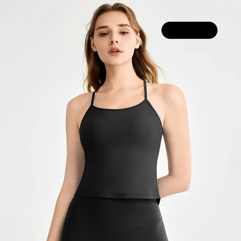 Cool spaghetti strap dovetail split suspender fixed cup breathable fitness beauty back bra